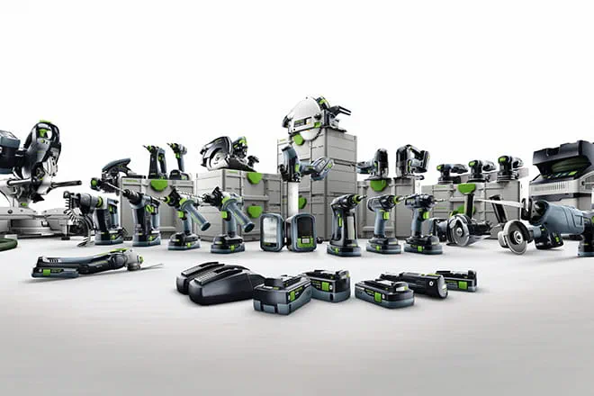 丸ノコ、ドリル、サンダー、バッテリーなどFESTOOLの主力充電式工具のラインナップ